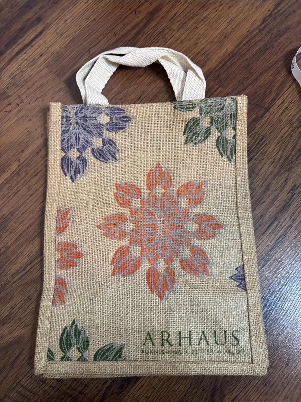Natural Jute Tote Bag with Orange Floral Design 38.B3